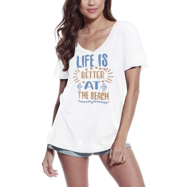 T-shirt med V-ringad dam Livet är vackrare på stranden – Livet är bättre på stranden – Vintage T-shirt Vit