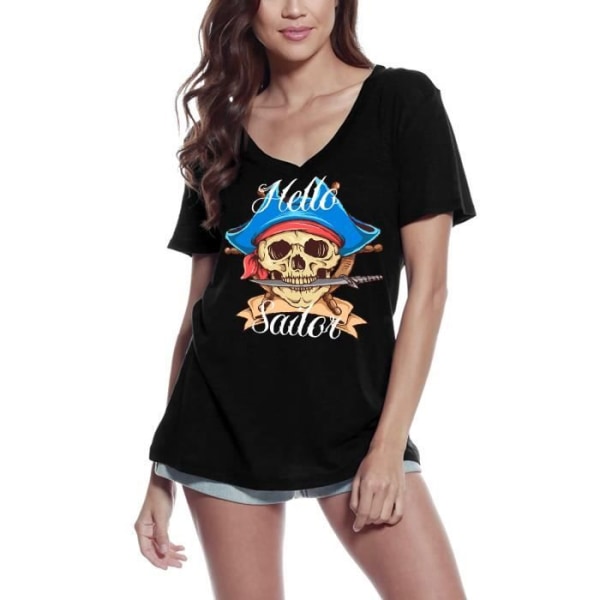 T-shirt med v-ringad dam Hello Sailor - Scary Pirate Skull – Hello Sailor - Pirate Scary Skull – Vintage Black T-shirt djup svart