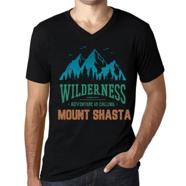 T-shirt med v-ringad herr – Wilderness, Adventure is Calling Mount Shasta – Vintage svart T-shirt djup svart