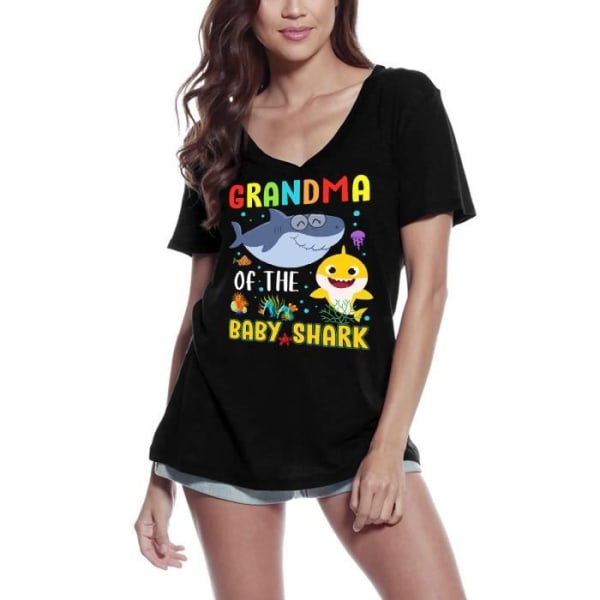 T-shirt med v-ringad dam, Grandma Of The Baby Shark Skjorta för mormor – Grandma Of The Baby Shark tröja för farmor – djup svart