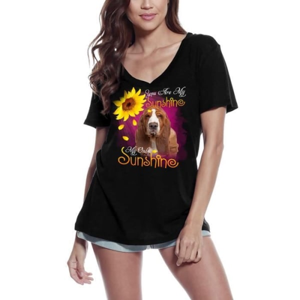 T-shirt med v-ringad dam My Only Ray of Sunshine - Basset Hound – My Only Sunshine - Basset Hound – Vintage svart T-shirt djup svart