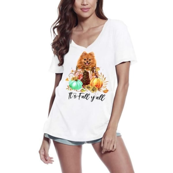 T-shirt med v-ringad dam Det är höst Y'All - Pomeranian Dog Lover – It's Fall Y'All - Pomeranian Dog Lover – Vit