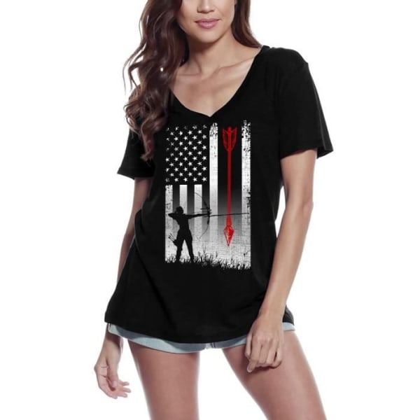 T-shirt med v-ringad dam Bågskytte Jakt - Amerikanska flaggan – Bågskytte Jakt - Us Flag – Vintage svart T-shirt djup svart