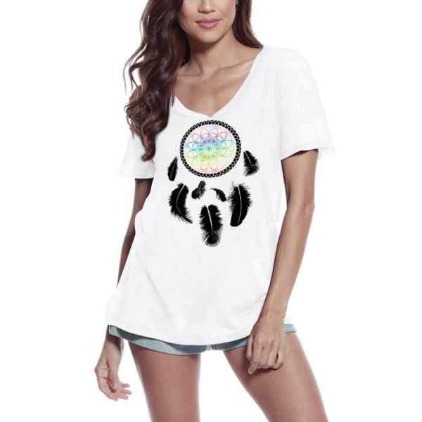 T-shirt med v-ringad dam Fjädermandala för Yoga – Fjädermandala Yoga – Vintage T-shirt Vit