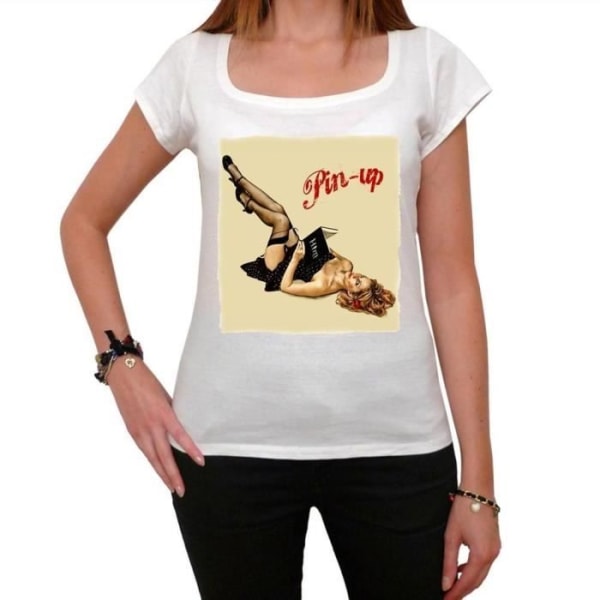 T-shirt Dam - ULTRABASIC - Pin-Up Läsare - 100% Bomull - Kortärmad - Rundad Hals Vit XS