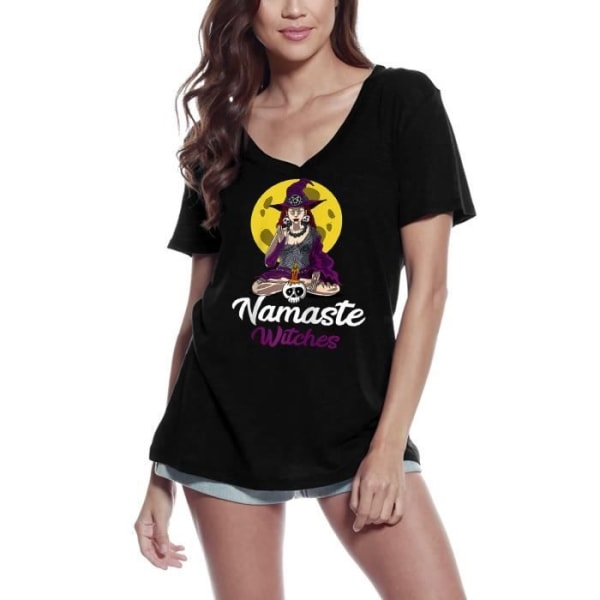 T-shirt med v-ringad dam Namaste Witches - Yoga Peace – Namaste Witches - Yoga Peace – Vintage svart T-shirt djup svart