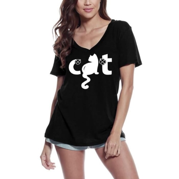T-shirt med V-ringad dam Lucky Cat Clover – Lucky Cat Shamrock – Vintage svart T-shirt djup svart XL