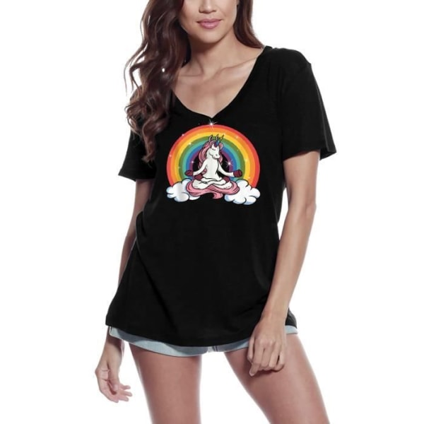 T-shirt med v-ringad dam Rolig Unicorn Rainbow Yoga - Andlig Meditation – Rolig Enhörning Rainbow Yoga - Andlig djup svart XL