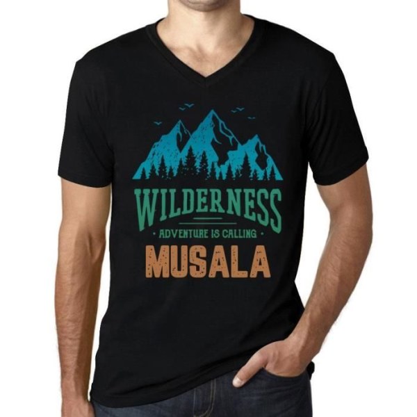 T-shirt med v-ringad herr Wild Nature L'Aventure Calles Musala – Vildmarken, äventyret kallar Musala – Svart vintage T-shirt djup svart S