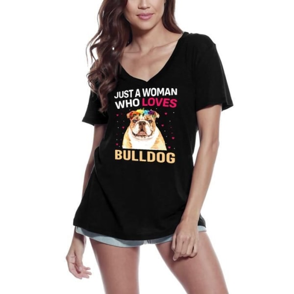 T-shirt med v-ringad dam Just A Woman Who Loves Bulldog Dogs – Just A Woman Who Loves Bulldog Dog – Vintage Black T-Shirt djup svart