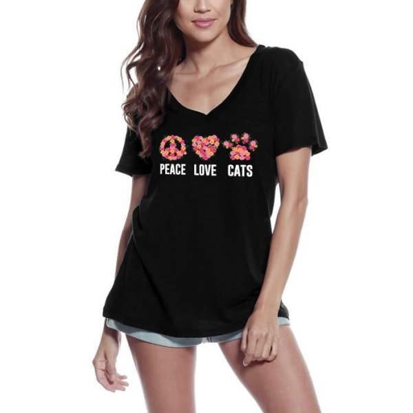 T-shirt med V-ringad dam Peace Love Cats Vintage T-shirt Svart djup svart