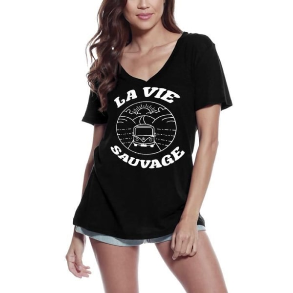 T-shirt med V-ringad dam Wild Life - På väg till havet Vintage T-shirt Svart djup svart