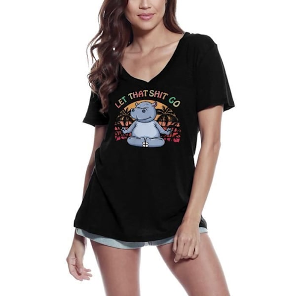 T-shirt med v-ringad dam Flodhäst Let That Shit Go Yoga Peace – Flodhäst Let That Shit Go Yoga Peace – T-shirt djup svart M