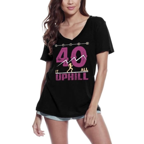 V-ringad T-shirt dam After 40 It's All Uphill - Födelsedagslöpning - 40 år djup svart