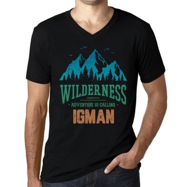 T-shirt med v-ringad herr Wild Nature L'Aventure kallar Igman – Vildmarken, äventyret ringer Igman – Svart vintage T-shirt djup svart