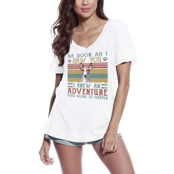 T-shirt med v-ringad dam Ibizan Hound Jag visste att ett äventyr skulle Vit