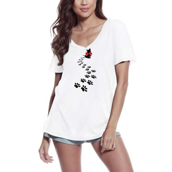 T-shirt med V-ringad dam Cat Paw Prints - Kitten Lover – Cat Footprints Paw - Kitten Lover – Vintage T-shirt Vit