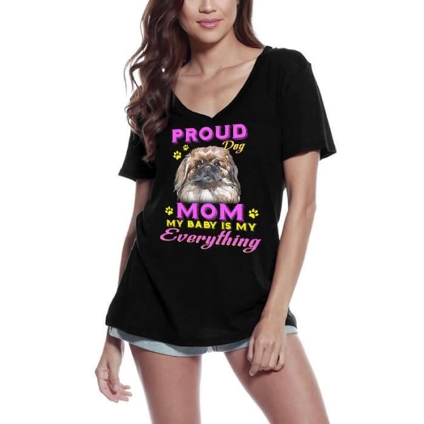 T-shirt med v-ringad dam Pride Day - Mamma till en Pekingeserhund - My Baby is Everything to Me - Proud Day - Pekingese Dog Mamma - Min djup svart S