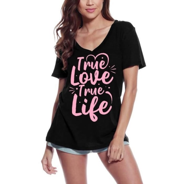 T-shirt med v-ringad dam Quote True Love True Life - Romantic For Lady – Quote True Love True Life - Romantic For Lady – T-shirt djup svart