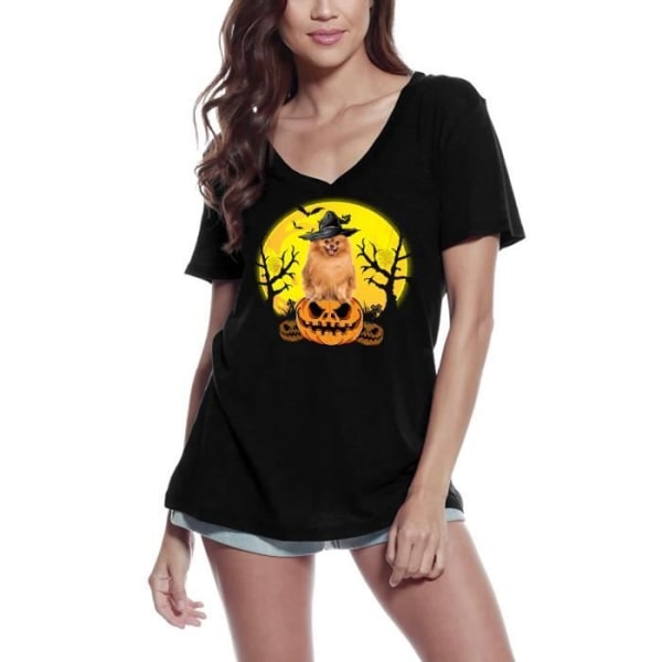 T-shirt med v-ringad Halloween för kvinnor - Pomeranian Dog Lover - Halloween - Pomeranian Dog Lover - Vintage svart T-shirt djup svart
