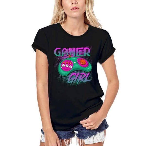 Ekologisk Gamer Girl T-shirt för kvinnor - Roliga TV-spel – Gamer Girl - Videospel Roliga - Vintage svart T-shirt djup svart