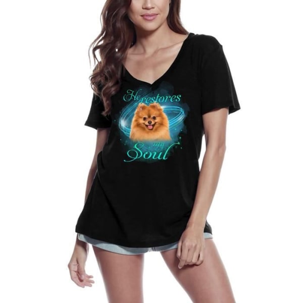 T-shirt med v-ringad dam He Restores My Soul - Pomeranian Dog Lover – He Restores My Soul - Pomeranian Dog Lover – T-shirt djup svart
