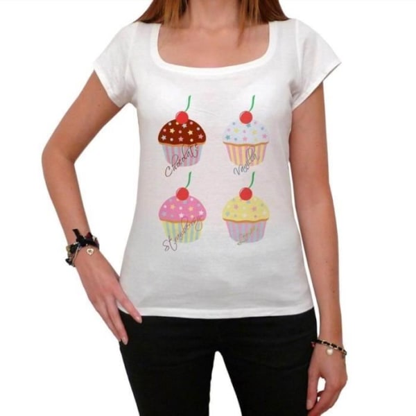 T-shirtuppsättning för damer med chokladvaniljjordgubbscupcakes – Cupcakesuppsättning Chokladvaniljjordgubbe – vintagetröja Vit