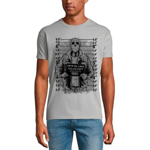 Jason Voorhees Mugshot T-shirt herr - Crystal Lake Pd 80s – Jason Voorhees Mugshot - Crystal Lake Pd 80s – rent grått