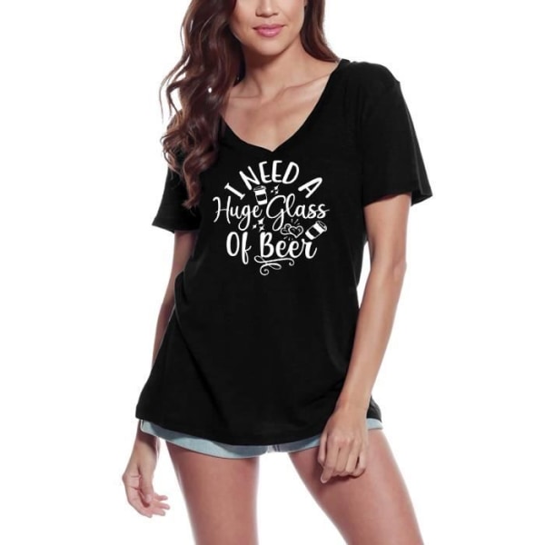 T-shirt med v-ringad dam Jag behöver ett stort glas öl – Vintage svart T-shirt djup svart
