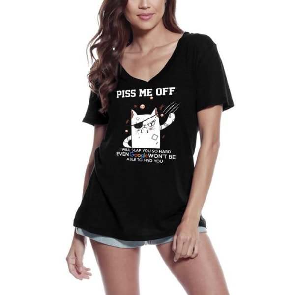 T-shirt med V-ringad dam Piss Me Off Cat Kitten Lover Vintage T-shirt svart djup svart