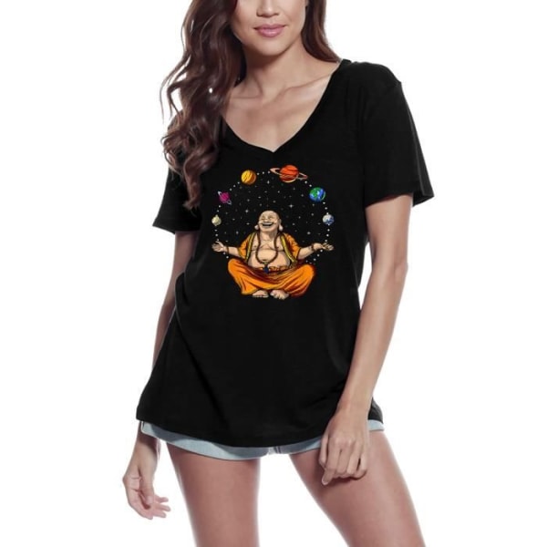 T-shirt med v-ringad dam Buddha jonglerar rymdplaneter - Andlig meditation - Buddha jonglerar rymdplaneter djup svart