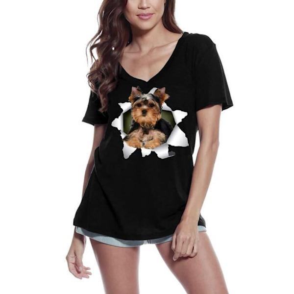 T-tröja med v-ringad dam Yorkshire Terrier jag visste att ett äventyr var Vit XL