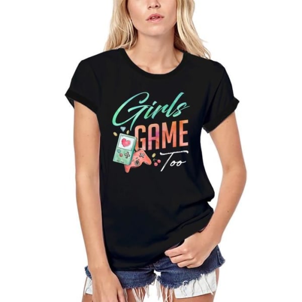 Ekologisk t-shirt dam tjejer spelar också - roliga tv-spel – tjejspel också - tv-spel roligt – vintage svart t-shirt djup svart S