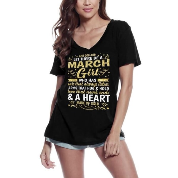 T-shirt med v-ringad dam, mars flickhjärta gjord av guld Vintage T-shirt svart djup svart