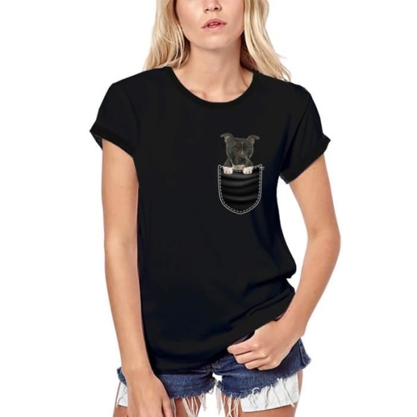 Ekologisk T-shirt för kvinnor Staffordshire Bull Terrier i fickan – Staffordshire Bull Terrier i fickan – Vintage T-shirt djup svart