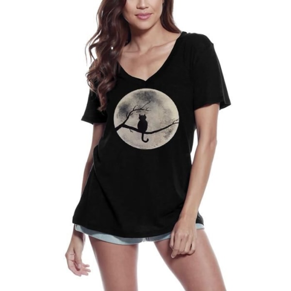 T-shirt med V-ringad dam Lunar Cat – Moon Cat – Vintage svart T-shirt djup svart
