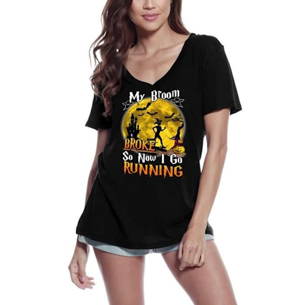 T-shirt med V-ringad dam Min kvast gick sönder så nu springer jag - löpare djup svart S