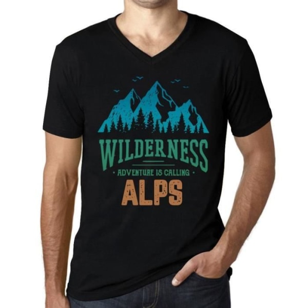 T-shirt med v-ringad herr – Wilderness, Adventure is Calling Alps – Vintage svart T-shirt djup svart