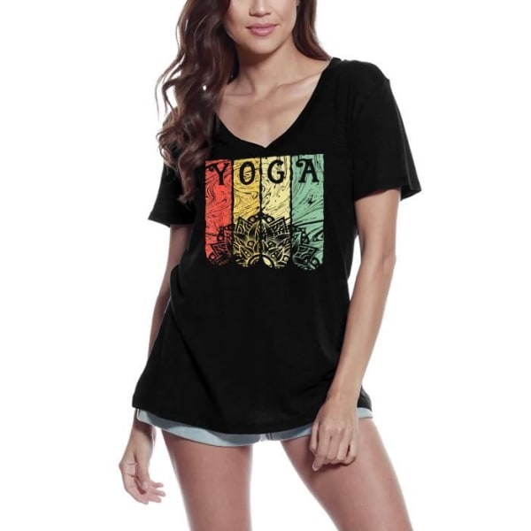 T-shirt med v-ringad dam Retro Mandala Yoga - Andlig Meditation - Retro Mandala Yoga - Andlig Meditation - Vintage T-shirt djup svart