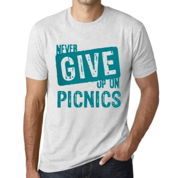 T-shirt herr Ge aldrig upp på picknick – Ge aldrig upp på picknick – Vintage vit T-shirt Ljungvit