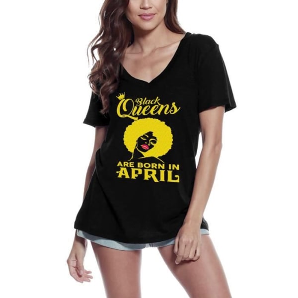 T-shirt med V-ringad dam Svart Queens Are Born In April - Flickor – Svarta Queens Are Born In April - Girls – Vintage T-shirt djup svart