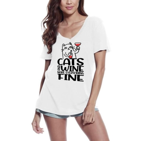 T-shirt med V-ringad dam Katter och vin gör allting fint – vintage T-shirt Vit