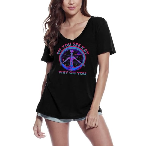 T-shirt med v-ringad dam Eff You See Kay Why Oh You Yoga Peace – Eff You See Kay Why Oh You Yoga Peace – Vintage svart T-shirt djup svart