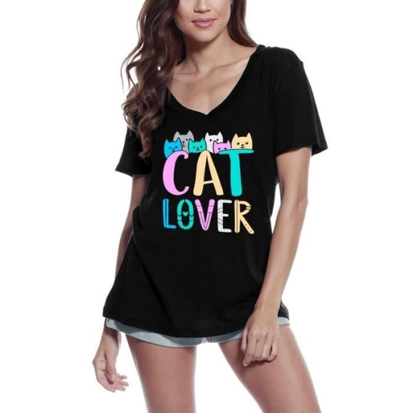 Cat Lover T-shirt med V-ringad dam - Söt Casual – Cat Lover - Casual Söt – Vintage svart T-shirt djup svart