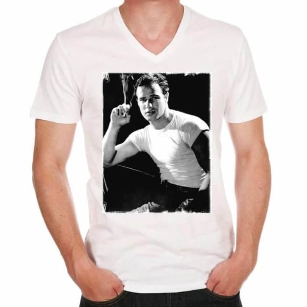 V-ringad T-shirt herr Marlon Brando Vintage T-shirt Vit
