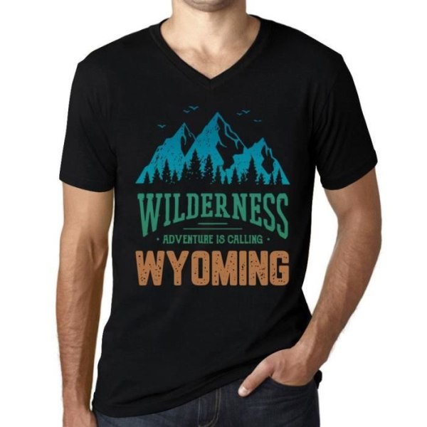 T-shirt med v-ringad herr Wilderness Adventure Calls Wyoming – Wilderness, Adventure is Calling Wyoming – Vintage T-shirt djup svart