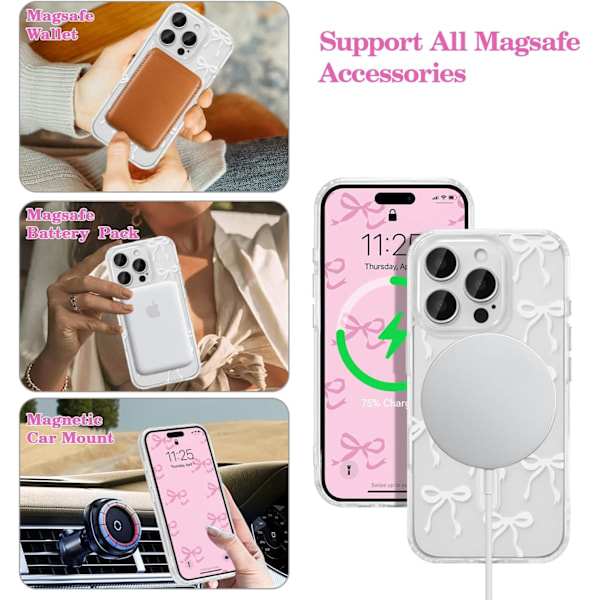 Magnetisk etui til iPhone, Bow Case kompatibel med MagSafe, trådløs slank klar Ribbon æstetisk telefonetui, anti-gulning stødsikkert etui 13plus