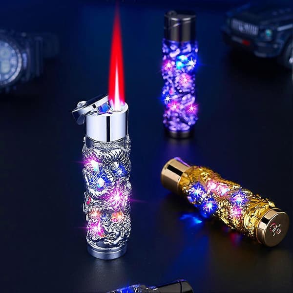 Mode Drager Relief Lighter Høj Æstetisk Unik Butan Lighter med LED Lys Gave til Mænd Kvinder Black
