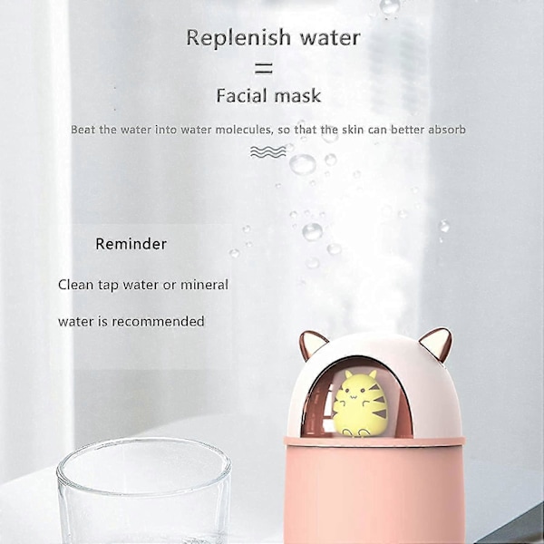 300ml Luftfukter med 2 Justerbare Tåkemoduser USB Bærbar Luftfukter Automatisk Avstenging og Fargerikt Nattlys (rosa)