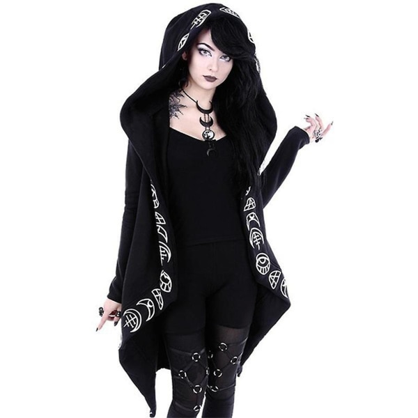 Kvinnor Gothic Snygg Punk Hooded Loose Jacka Ytterkläder Långärmad öppen främre kappa Halloween 3XL